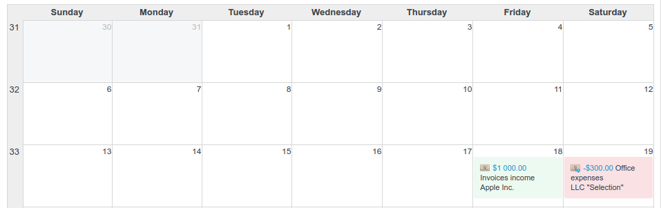 Finance calendar - calendar view for operations table | Finances plugin