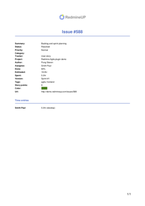 Redmine Reporter PDF issue report with time entries