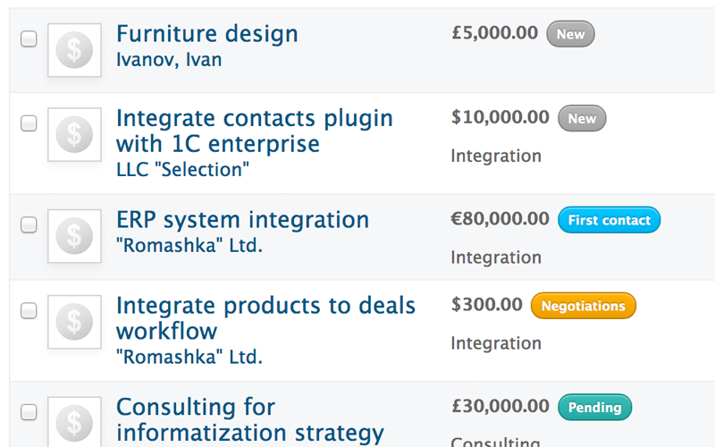 RedmineUP CRM plugin deals list with amounts in several currencies and status labels