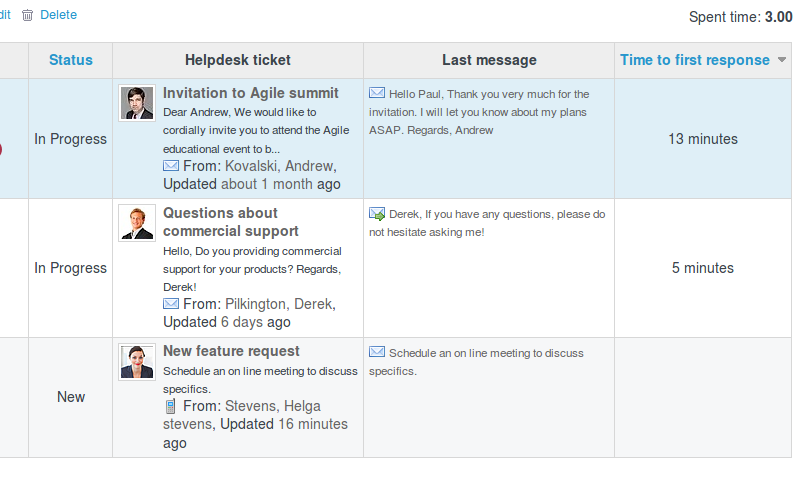 RedmineUP Helpdesk plugin ticket list with status, last message and time to first response